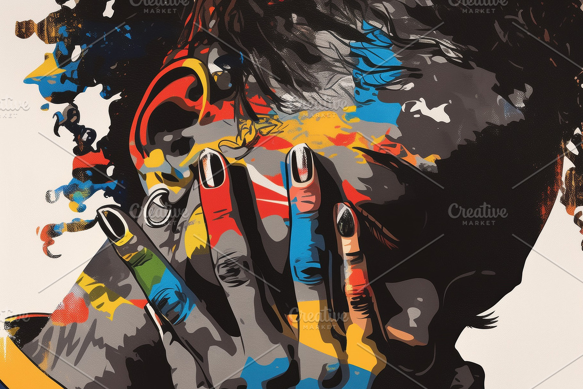 A stylized portrait of a person with colorful paint on their hands, expressing, a Wallpaper Graphic by Textures & Backgrounds