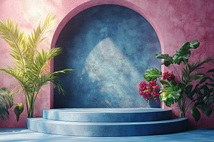 Empty summer podium set in a colorful tropical environment with lush plants, a Background Photo by AlyaAnd