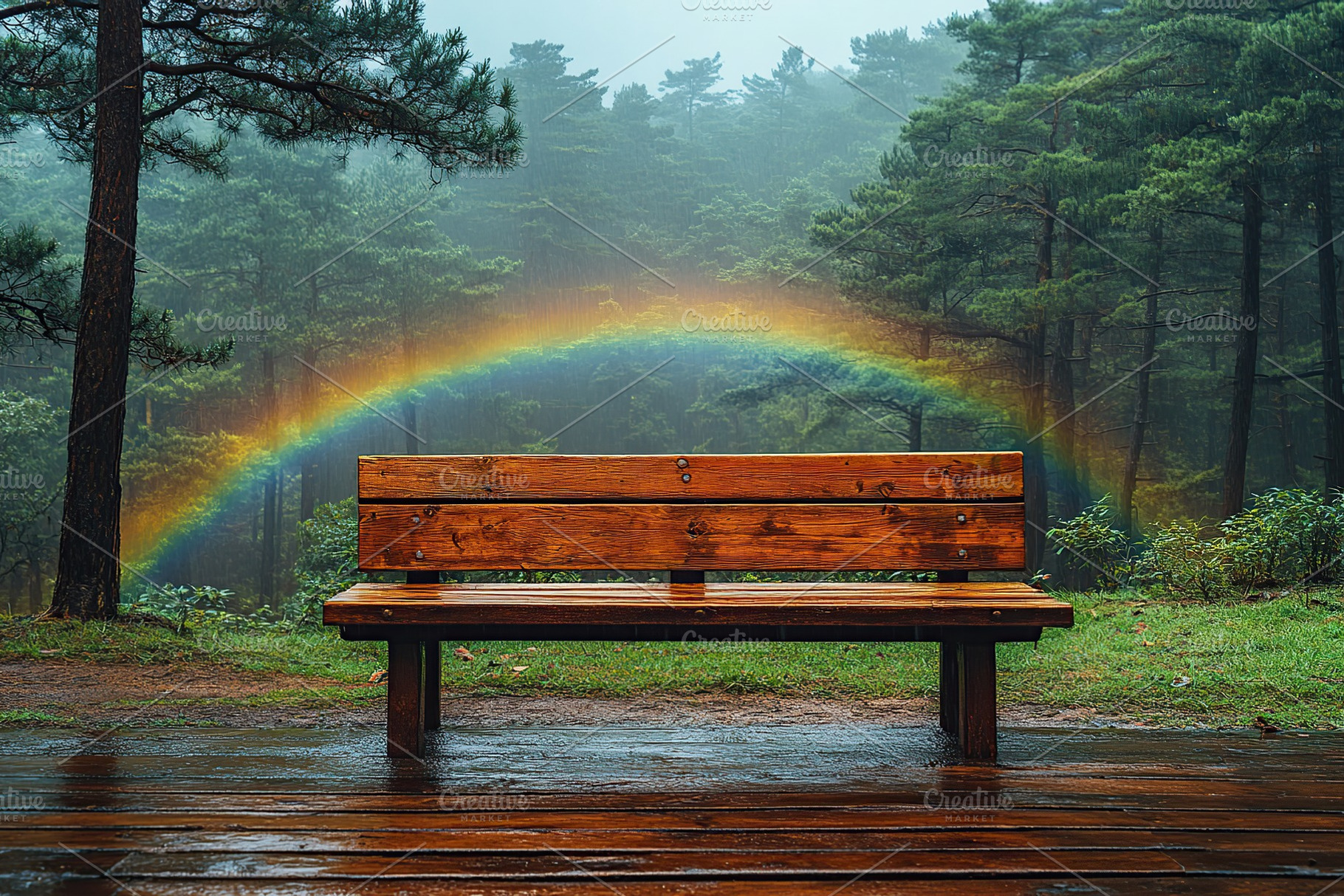 Beautiful rainbow and wooden bench in green forest, an Arts & Entertainment Photo by AlyaAnd