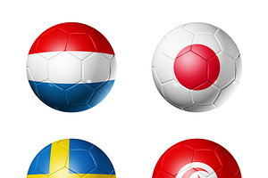 Football competition 2026 group F flags on soccer balls. 3D illu, a Sport Illustration by GoodGoods