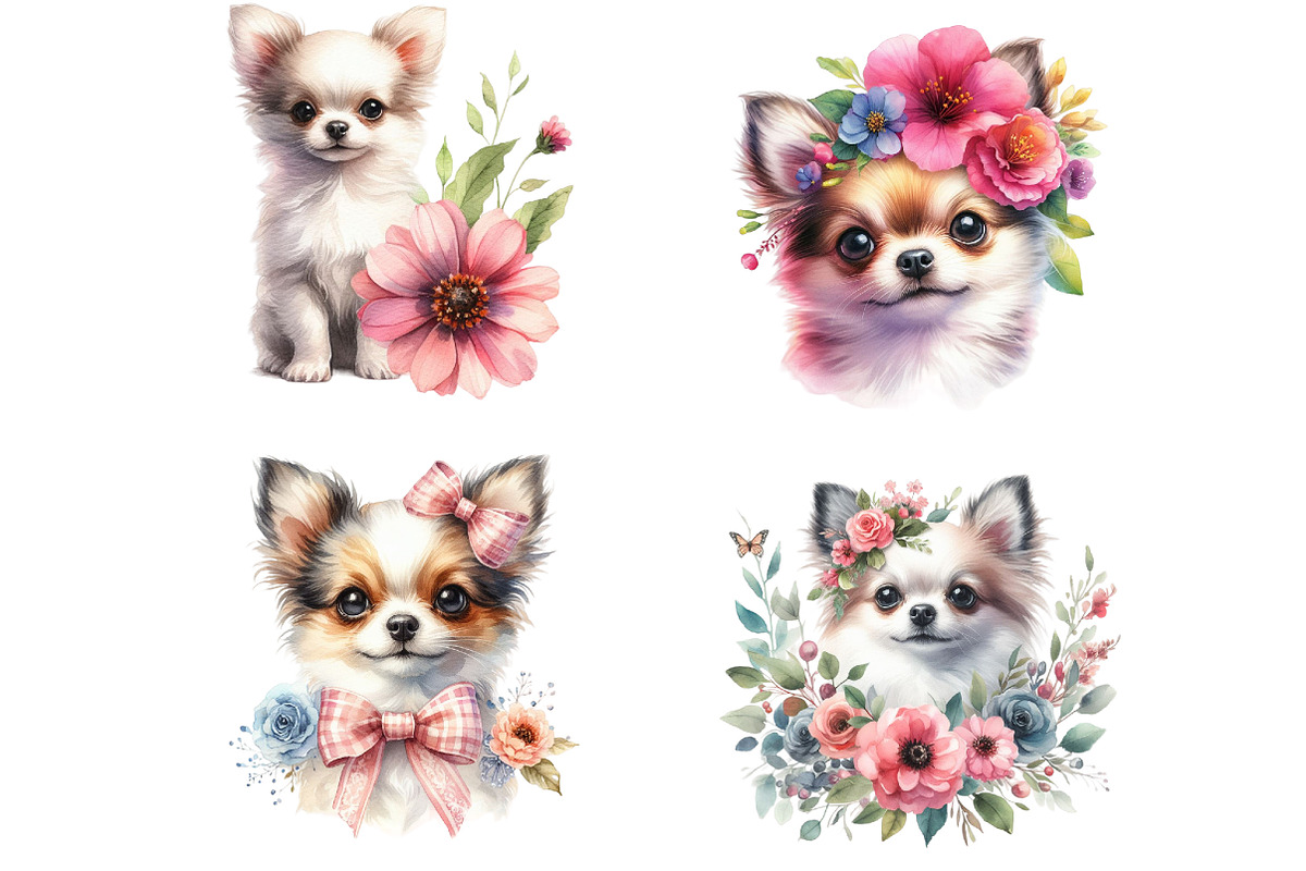 Watercolor Floral Chihuahua Clipart, an Illustration by DreamCafeArt (Photo 6 of 6)