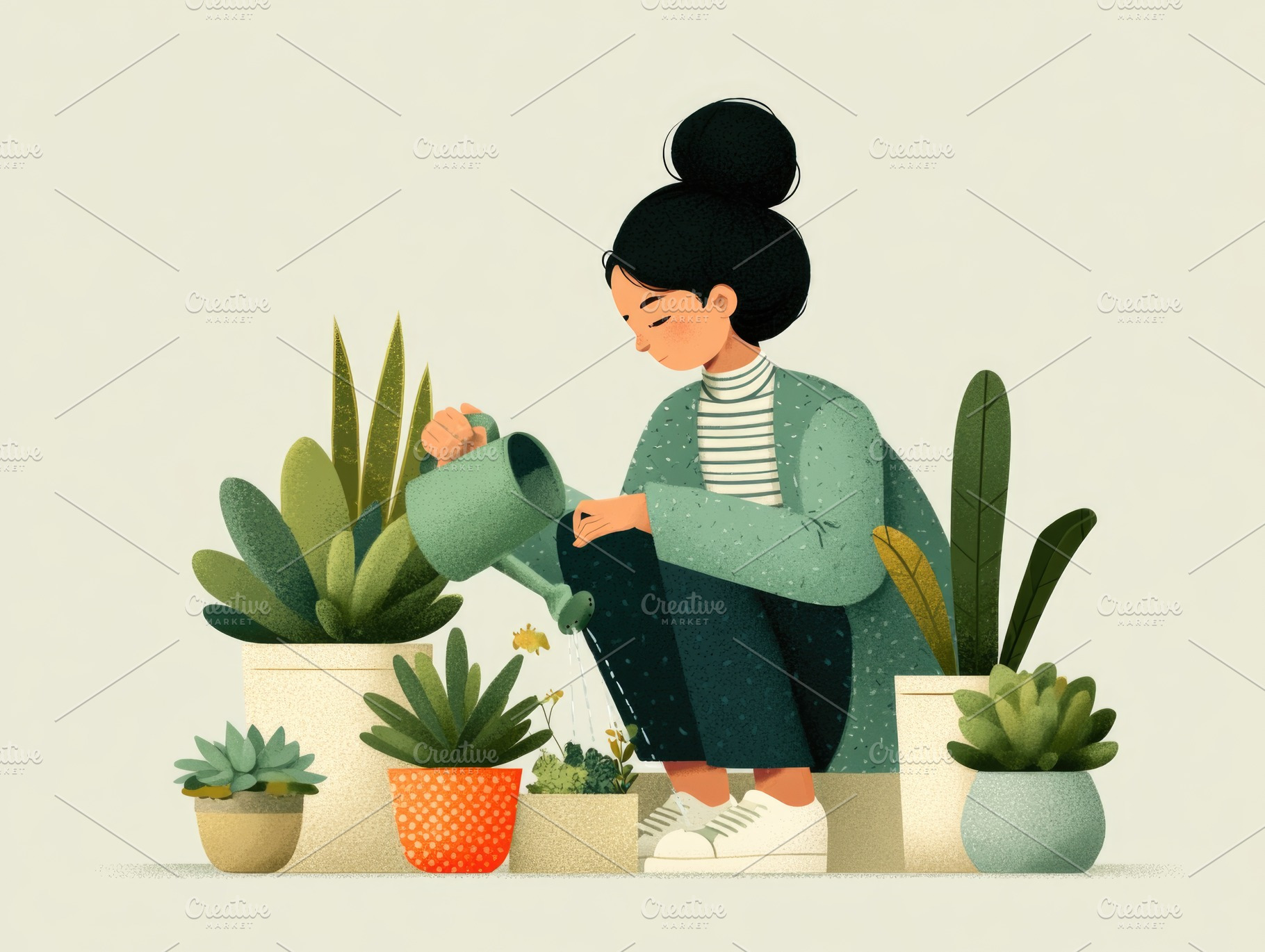 Woman caring for houseplants in peaceful indoor garden illustrat, a Business Photo by José Manuel Gelpi