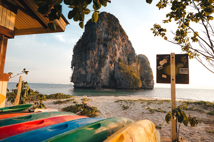 Railay Beach with rocky mountains in the evening, a Nature Photo by Art Rachen