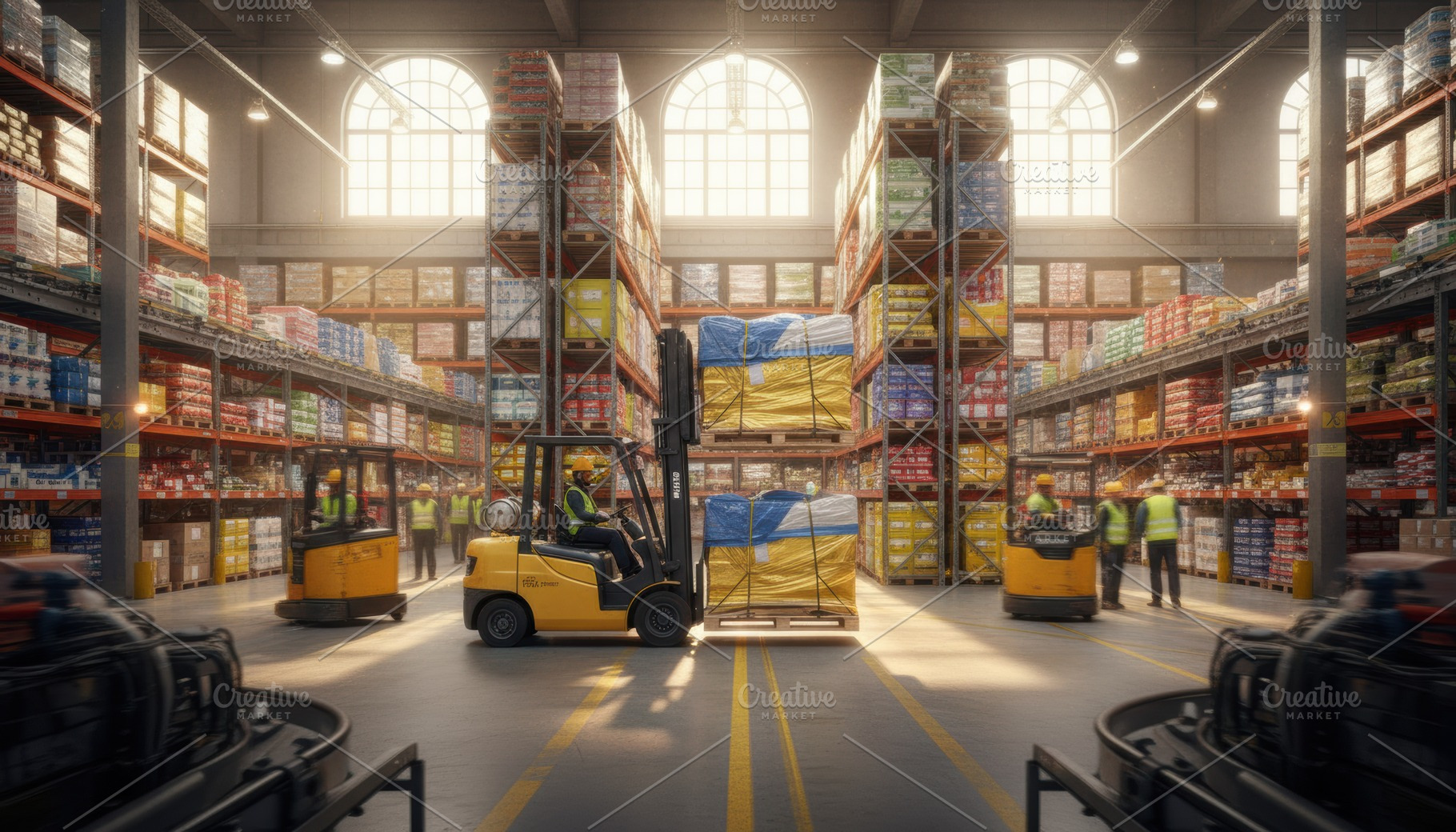 Busy warehouse with forklift moving goods in sunlight, an Industrial Photo by Igor Tichonow