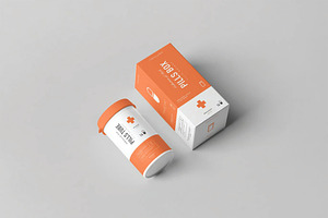 Flat Lay Pill Bottle And Box Mockup, a Packaging Mockup by DesignRushMarket