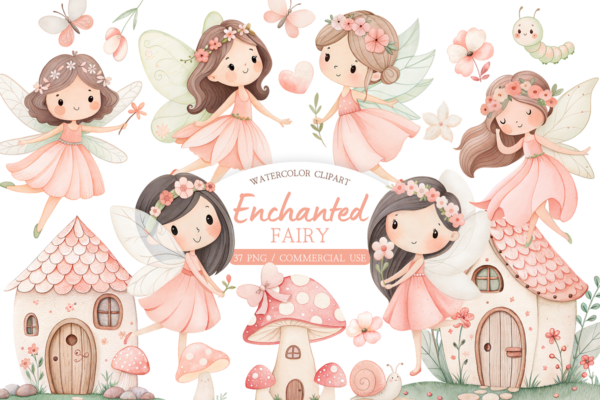 Enchanted Fairy Watercolor Clipart, an Illustration by MockupWizard (Photo 1 of 6)
