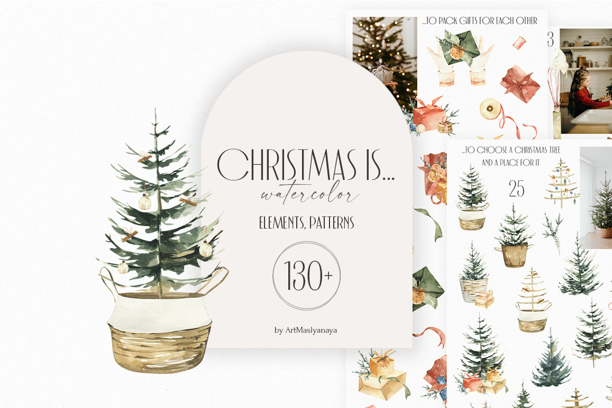 Watercolor Christmas is...clipart., a Seasonal Illustration by ArtMaslyana (Photo 1 of 7)