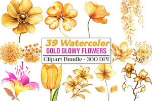 Gold Glowing Flowers Clipart Flower, an Illustration by DreamCafeArt