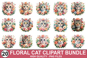 Floral Cat Clipart Bundle, a Graphic by crative8112