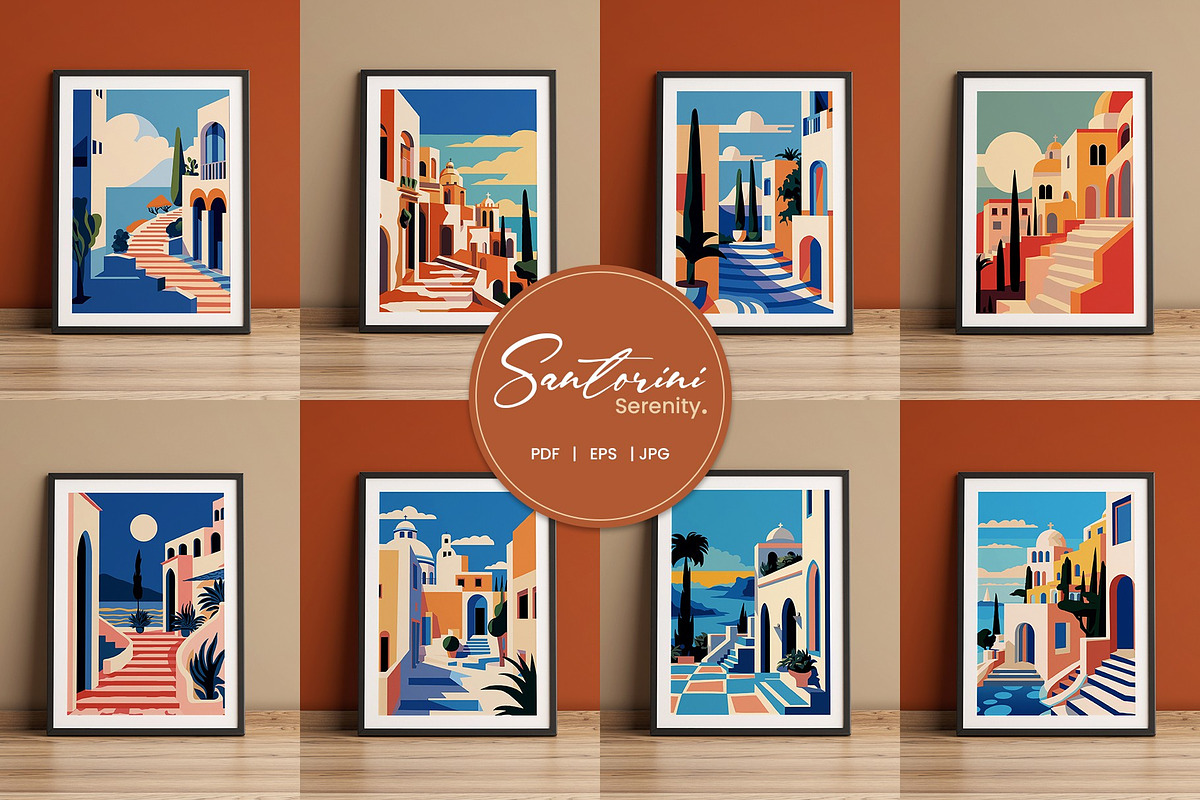 Flat Vector Santorini Serenity Print, a Background Graphic by Vibrand Studio (Photo 6 of 9)