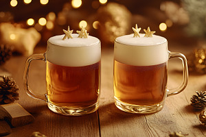 Holiday beer mugs with foam and festive decor, a Food & Drink Photo by Photostock