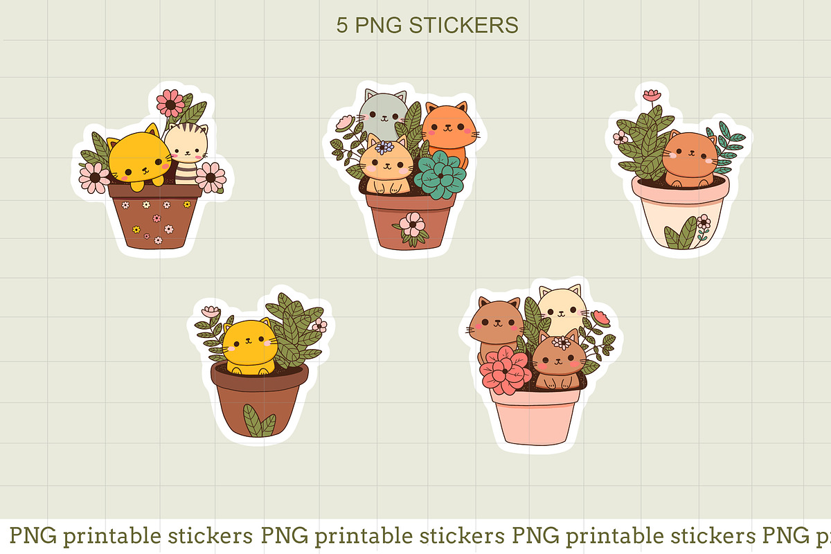 Cats in Flowerpots Sticker Pack, an Animal Illustration by natalisart (Photo 2 of 6)