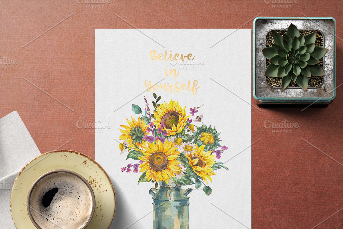 Sunflower rustic watercolor flowers, an Illustration by Depiano (Photo 9 of 10)
