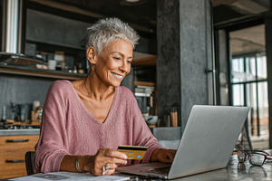 Senior woman online shopping credit, a Photo by Pixeness Studio