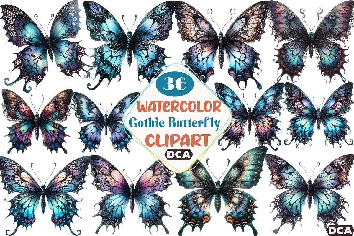Watercolor Gothic Butterfly Clipart, an Illustration by DreamCafeArt (Photo 1 of 7)