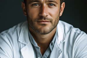 A confident male neurosurgeon doctor in a white lab coat, sitting with arms cro, a Person Photo by Textures & Backgrounds