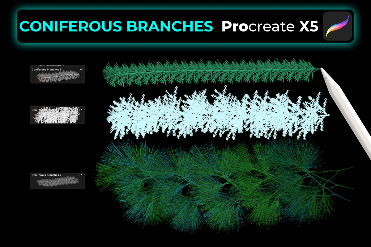 15 CONIFEROUS BRANCHES PROCREATE X5, a Brush Add-On by Graphics Resources (Photo 6 of 8)