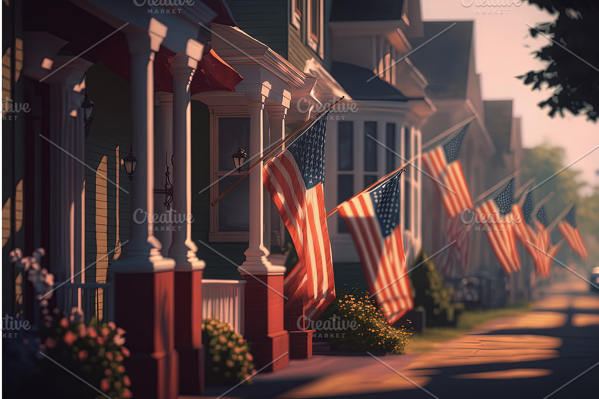American flags hanging on street for, an Illustration by Lermont51