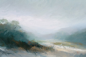Abstract landscape painting with a vibrant blend of teal, green,, a Decorative Illustration by Studio ANNA