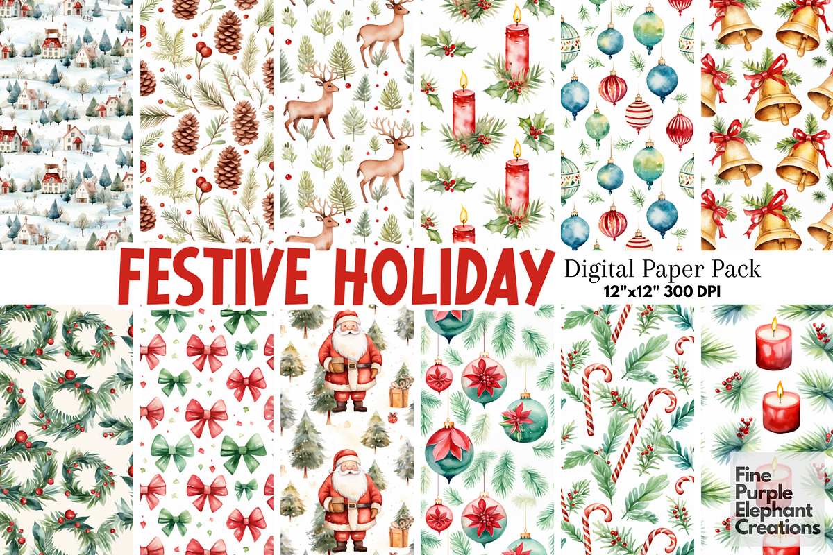 Watercolor Christmas Holiday, a Pattern Graphic by Fine Purple Elephant (Photo 1 of 5)