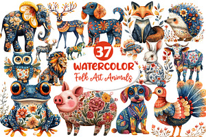 Watercolor Folk Art Animals Clipart, an Illustration by Dream Creation