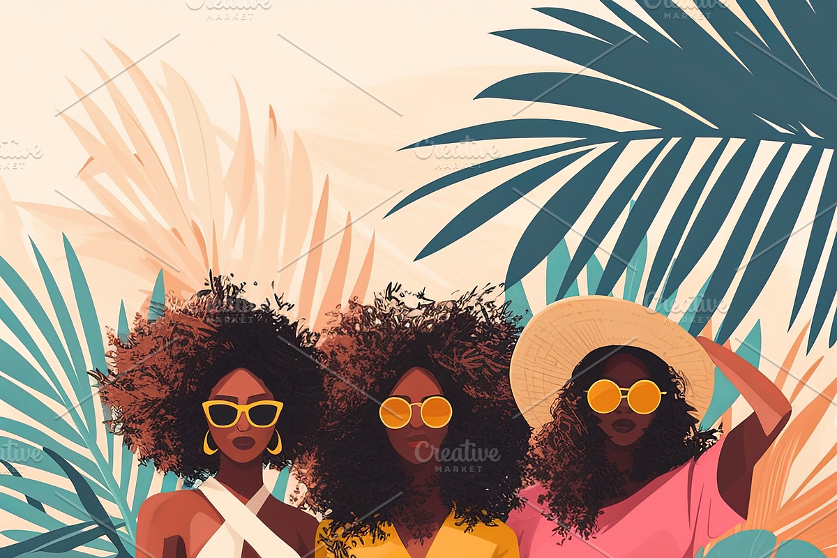 Three fashionable women posing stylishly in tropical-inspired summer outfits, an Illustration by AS photostudio