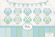 Blue Mint Owls and Patterns, an Animal Illustration by Amanda Ilkov (Thumbnail 1 of 3)