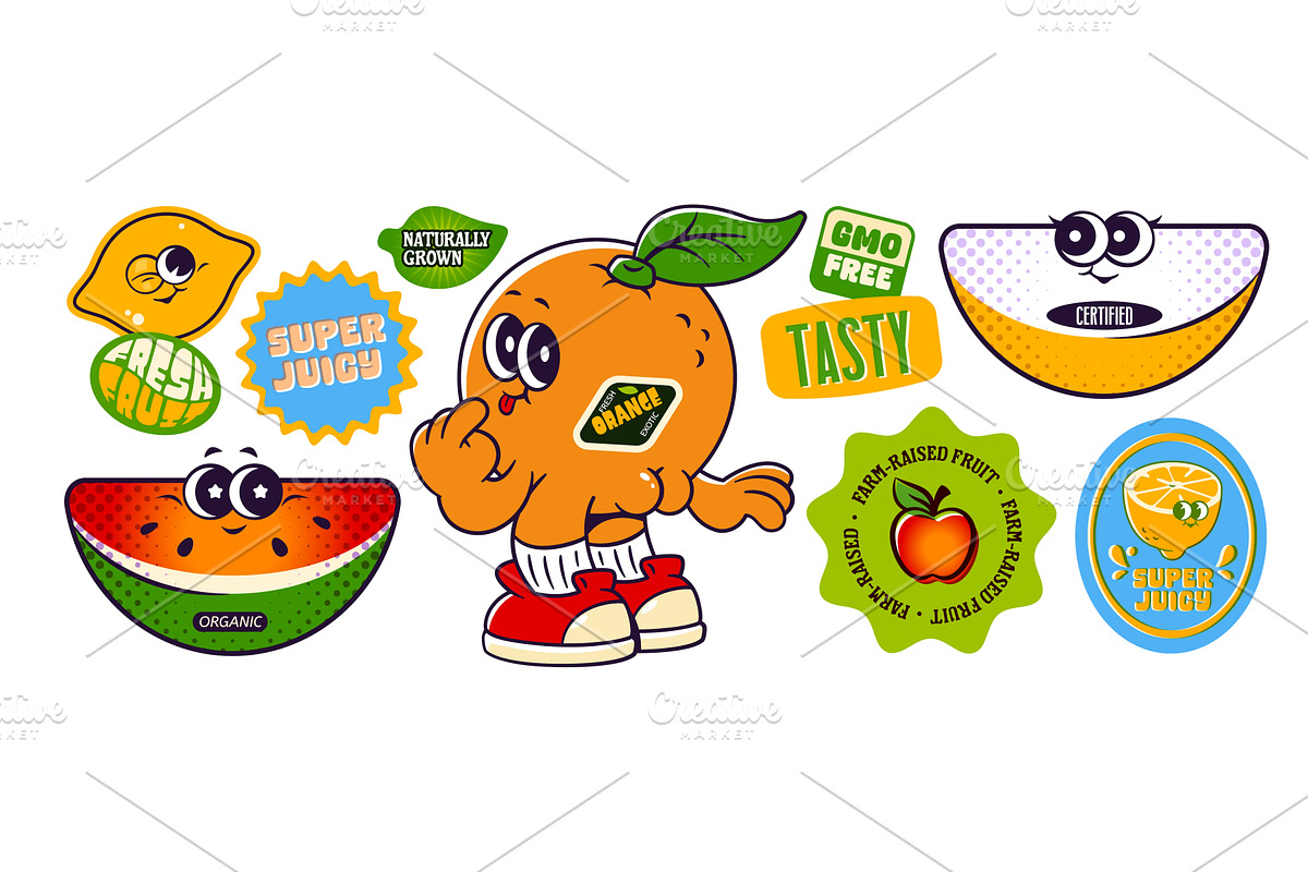 Retro fruit sticker set with cartoon, a Food Illustration by art PVP - market