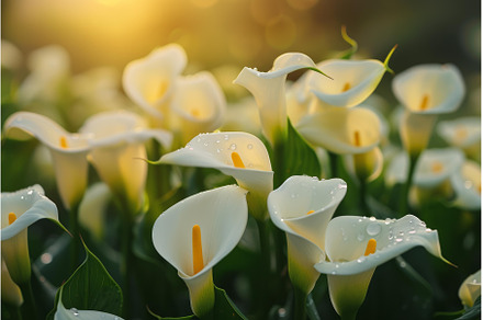 Sunlit calla lily garden at dawn, a Nature Photo by Ylivdesign