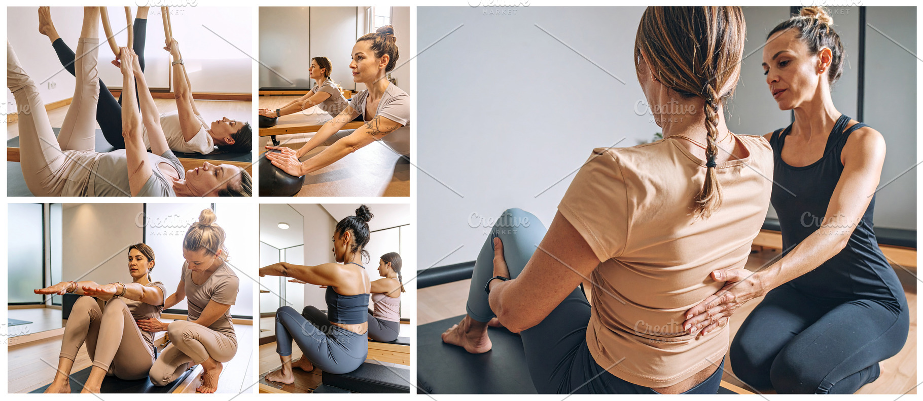Photo collage of pilates instructor guiding a woman at class, a Health & Medical Photo by DanFLCreativo