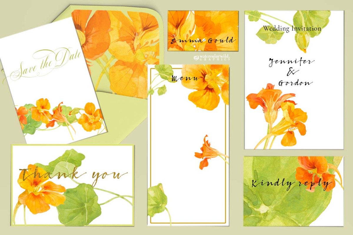 NASTURTIUM flowers-WatercolorClipart, an Illustration by watercolorwild.graphics (Photo 2 of 7)