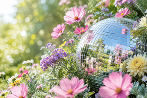 Disco ball nestled among colorful fl, a Photo by Dvoevnore photos