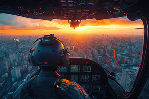 Pilot navigates helicopter at sunset, a Photo by Tanuart