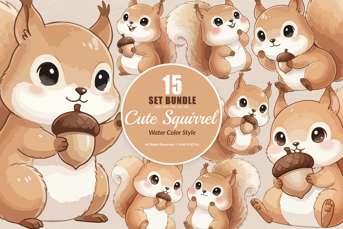 15 Bundle Watercolor Kids Squirrel, an Animal Illustration by Morspective (Photo 1 of 8)