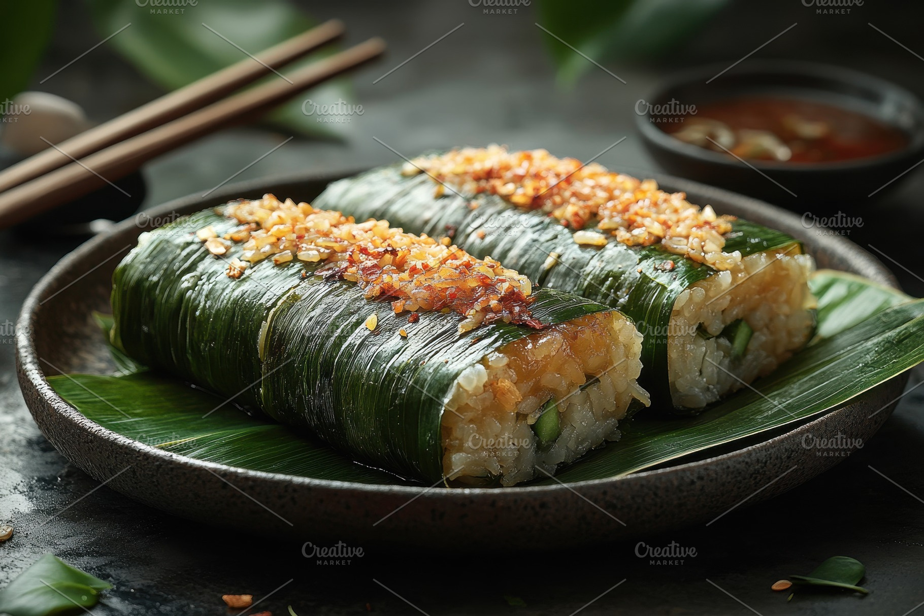 Delicious sushi rolls wrapped in bam, a Photo by Tanuart