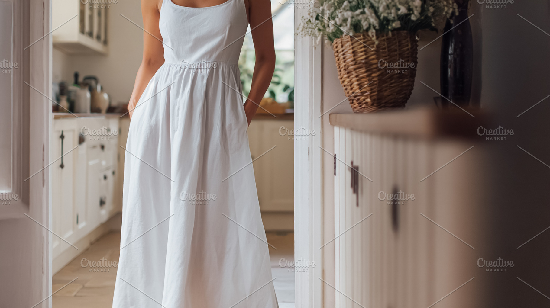 Woman wearing white linen sundress in rustic home kitchen, hands, a Photo by Studio ANNA
