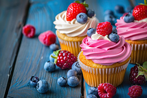 Tasty cupcakes with butter cream and ripe berries on blue wooden table, a Food & Drink Photo by AlyaAnd