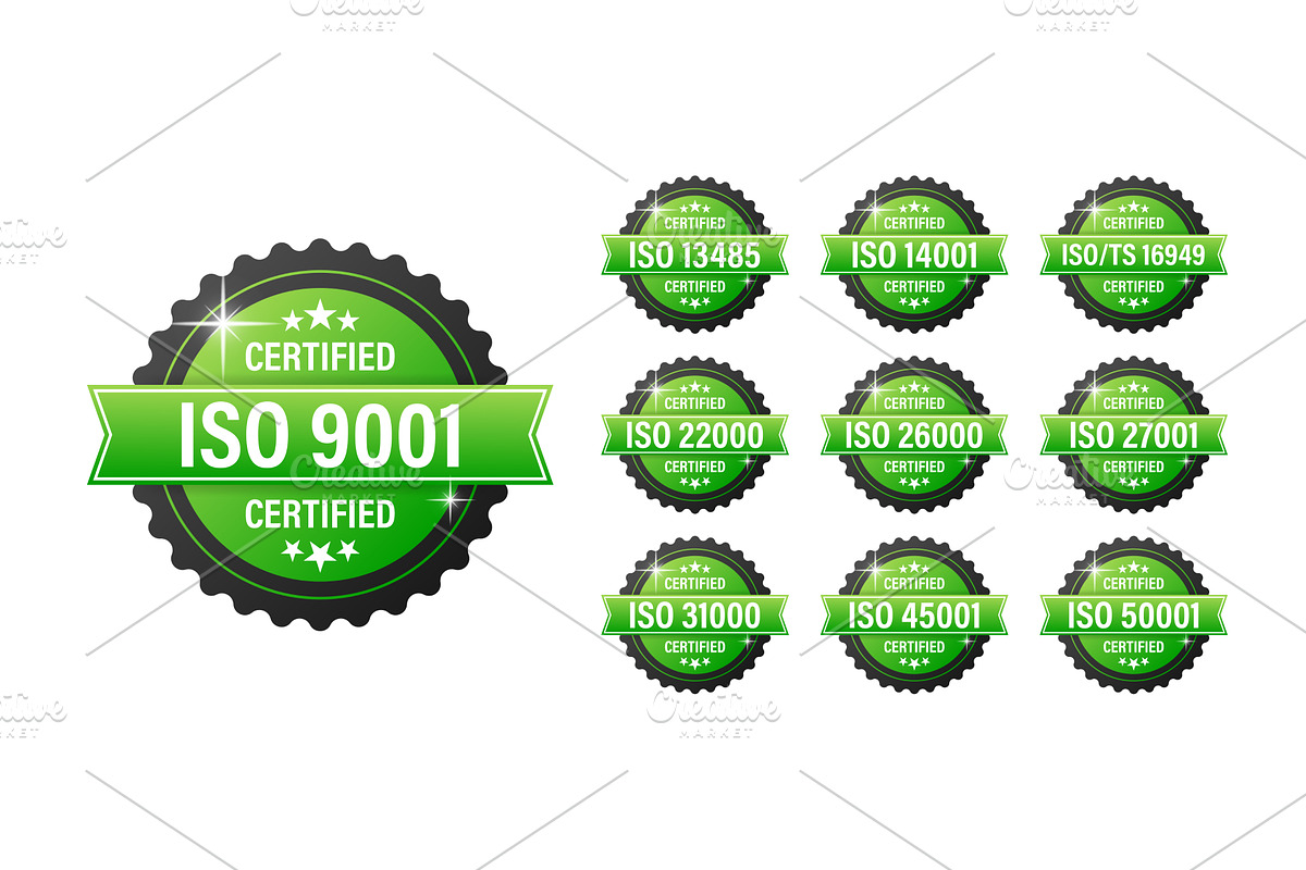 ISO certified set stamp and labels, an Illustration by UP-Studio