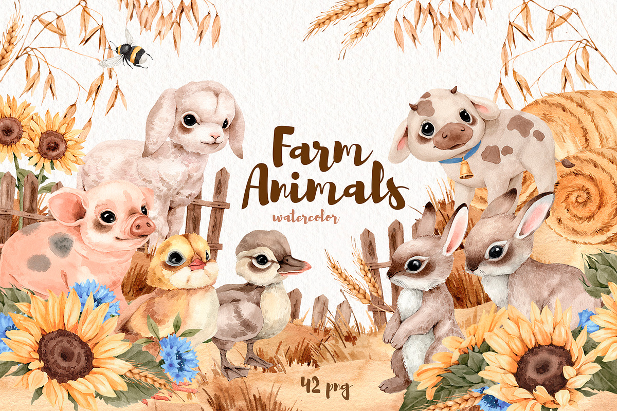 Watercolor Farm Little Animals set, an Animal Illustration by Alamella (Photo 2 of 9)