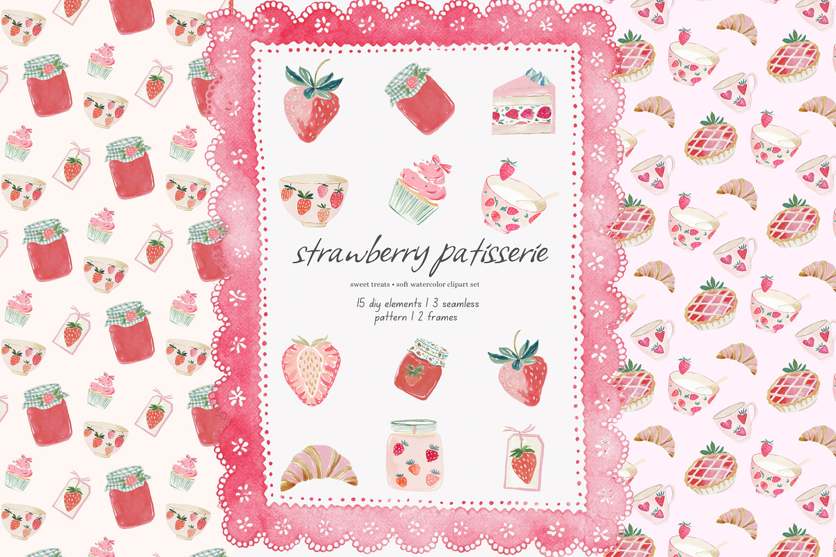 strawberry watercolor clipart set, a Decorative Illustration by Patishop Art (Photo 1 of 6)