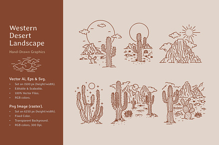Western Desert Landscape Line Drawn