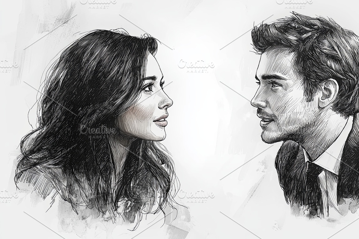 Black and white drawing of two people looking at each other, an Illustration by AS photostudio