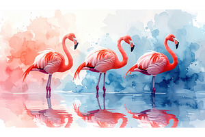 Trio of pink flamingos standing in, an Animal Photo by Igor Tichonow