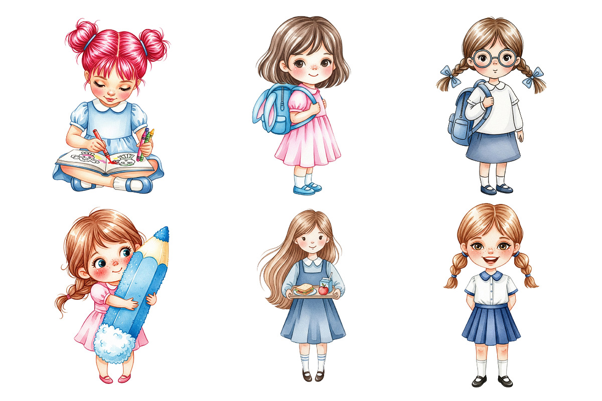 Watercolor Cute Girl Back to School, an Illustration by Daily.Designs (Photo 4 of 5)