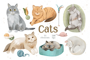 Watercolor Cats Сlipart, Funny Cats, an Object Graphic by ArtGiftsStudio