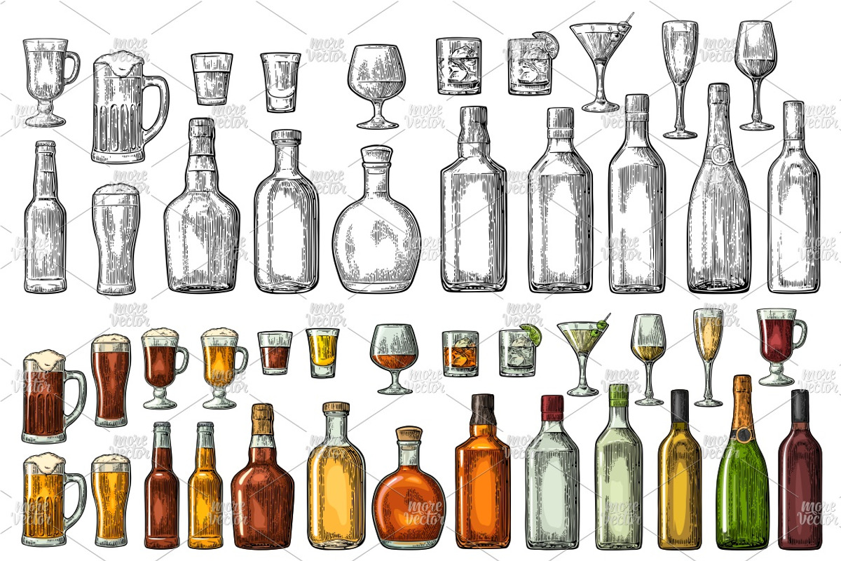 Set glass bottle engraving, a Food Illustration by MoreVector