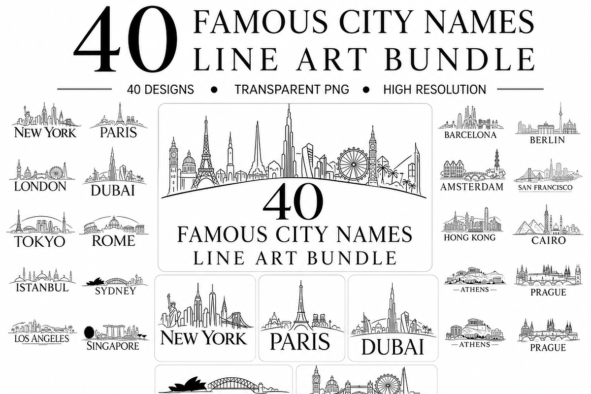 Famous City Names Line Art PNG, a Decorative Illustration by HeavensStar (Photo 1 of 8)
