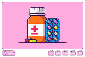 Medicine Jar And Pills Strip Cartoon, an Object Graphic by Artstorystudio