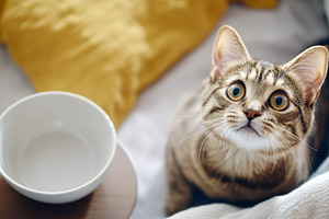 Cat looking at empty bowl on cozy be, a Photo by Dvoevnore photos
