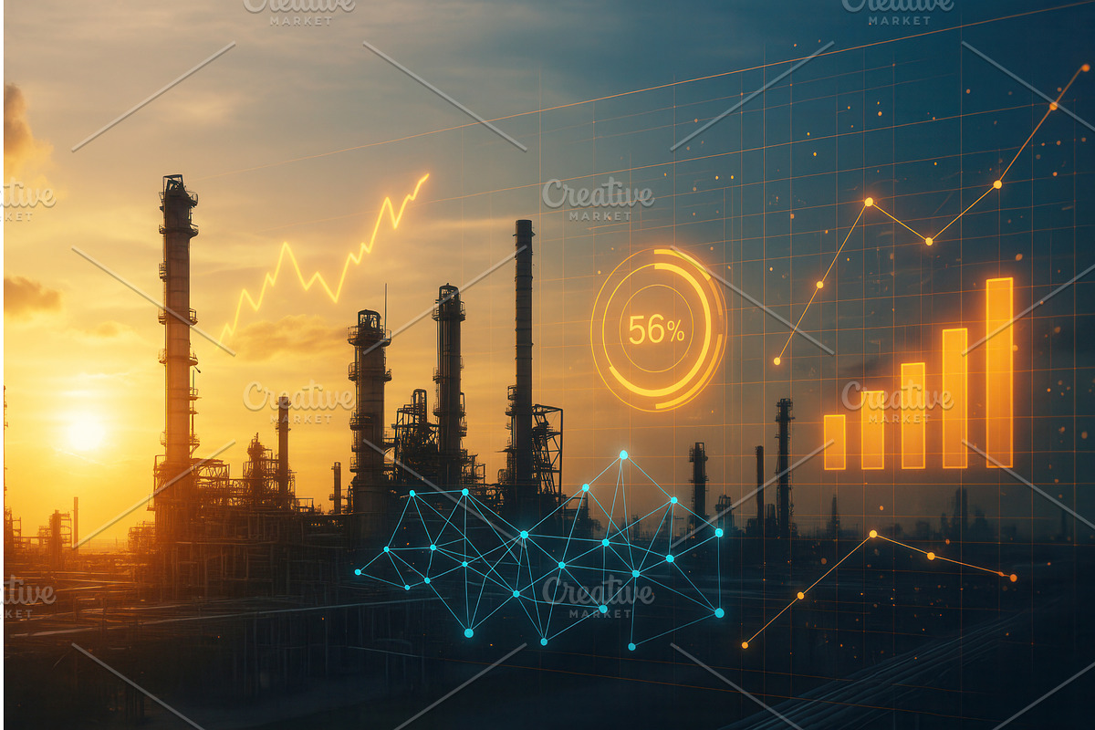 Industrial refinery at sunset with, an Illustration by Sergey Kotenev